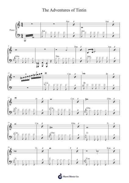The Adventures of Tintin - Theme Sheet Music by Misc Cartoons-Arr.Maltzster Colcott