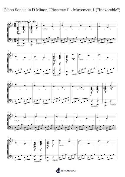 Piano Sonata in D Minor, "Piecemeal" - Movement 1 ("Inexorable") Sheet Music by Cookeda-Arr.Maudfox Mikejames