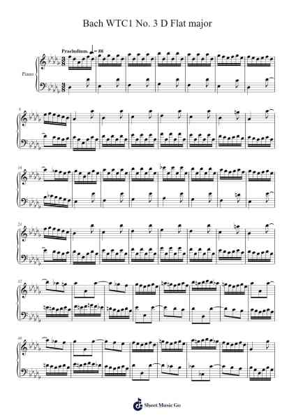 Well-Tempered Clavier, Book I - Prelude and Fugue No. 3 in D-flat Major, BWV 849 Sheet Music by Johann Sebastian Bach-Arr.Dukegan Leighfaithe
