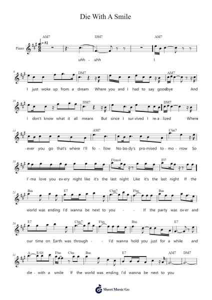 Die With A Smile Ноты для фортепиано от Lady Gaga, Bruno Mars-Arr.Bushdiah Kenthood