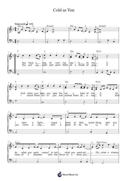 Cold as You Sheet Music by Taylor Swift-Arr.Snowno