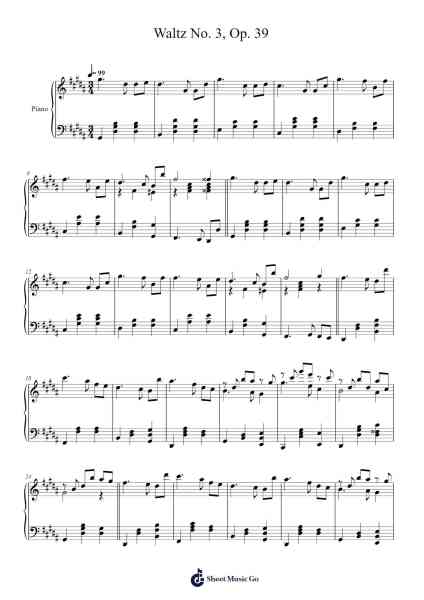 Waltz No. 3, Op. 39 Sheet Music by Johannes Brahms-Arr.Kathtta