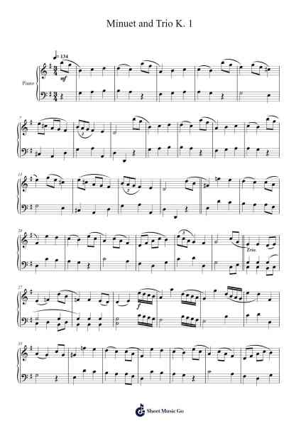 Minuet and Trio K. 1 Sheet Music by Wolfgang Amadeus Mozart-Arr.Annrhys