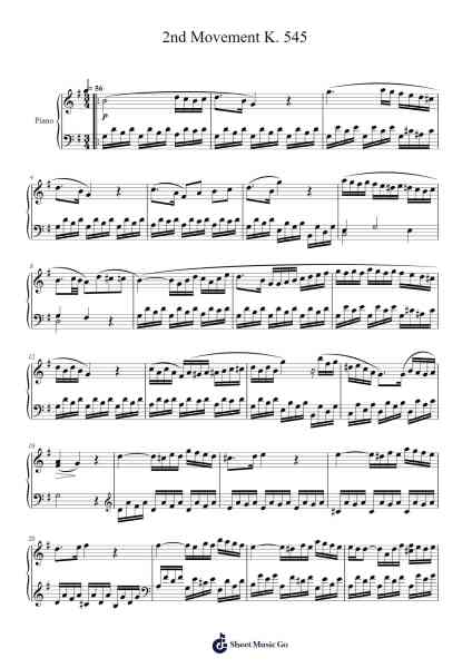 II. Andante –Sonata No. 16 in C, K. 545 Sheet Music by Wolfgang Amadeus Mozart-Arr.Hedvogt