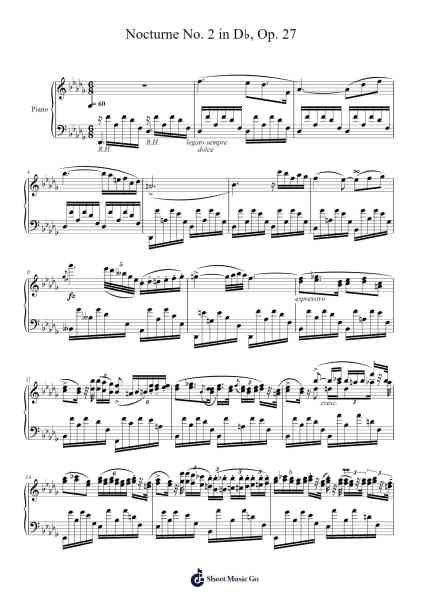 Nocturne No. 2 in D♭, Op. 27 Sheet Music by Frédéric Chopin-Arr.Readerae