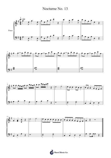 Nocturne No. 13 Partitura de Wolfgang Amadeus Mozart-Arr.Hodggrote Yvescole