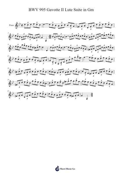 Lute Suite in G Minor, BWV 995: Gavotte II Sheet Music by Johann Sebastian Bach-Arr.Cookeda