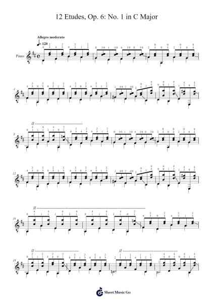 12 Etudes, Op. 6: No. 1 in C Major Sheet Music by Fernando Sor-Arr.Websjean Hodgdre