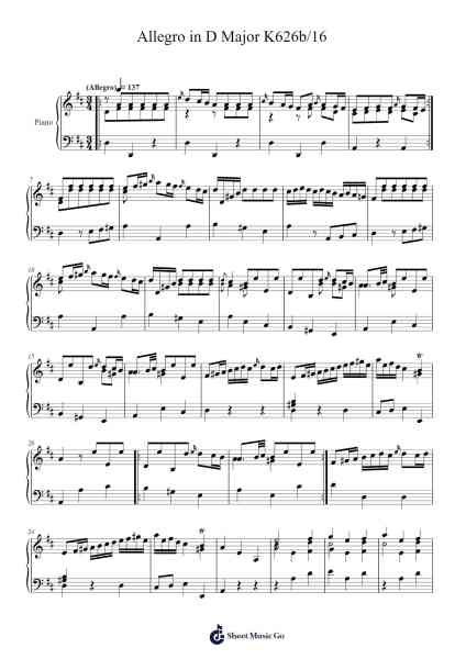 Allegro in D Major, K. 626b/16 Sheet Music by Wolfgang Amadeus Mozart-Arr.Ciscer Georyale
