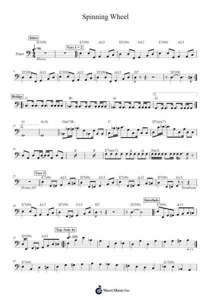 Spinning Wheel Sheet Music by Blood, Sweat & Tears-Arr.Ronbard