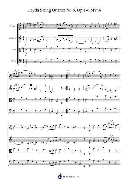 String Quartet No. 6 in C Major, Op. 1, No. 6, Hob. III:6: IV. Menuetto Sheet Music by Joseph Haydn-Arr.Invy