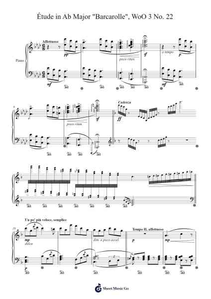 Étude in Ab Major "Barcarolle", WoO 3 No. 22 Sheet Music by Gunfrey-Arr.Cookdunn