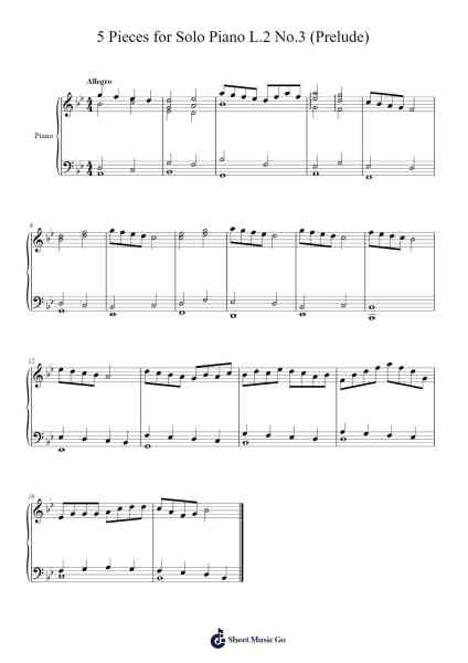 5 Pieces for Solo Piano L.2 No.3 (Prelude) Sheet Music by Lucas Schiff Aiden-Arr.Fitchnolds Hartewy