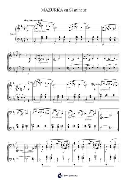 Mazurka in B Minor, Op. 33, No. 4 Sheet Music by Frédéric Chopin-Arr.Brobrian Needve