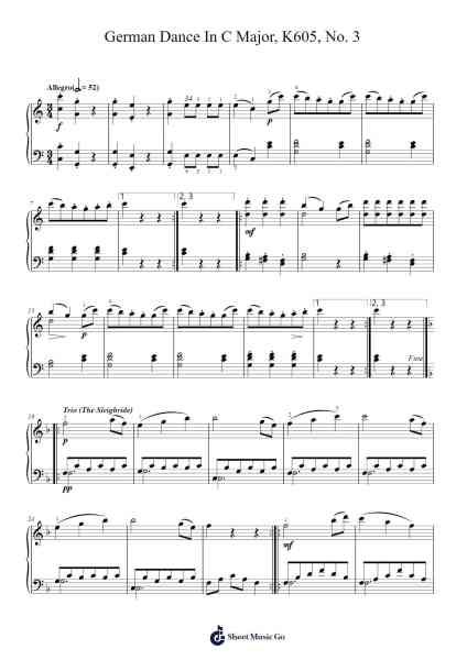 German Dance in C Major, K. 605, No. 3 Sheet Music by Wolfgang Amadeus Mozart-Arr.Janedo