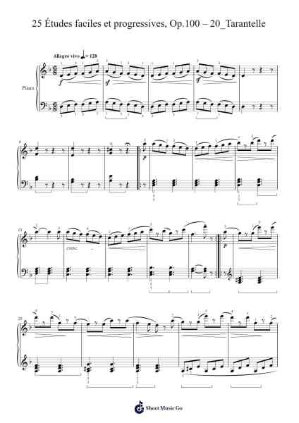 25 Études faciles et progressives, Op.100: No. 20 Tarantelle Sheet Music by Friedrich Burgmüller-Arr.Snowcol