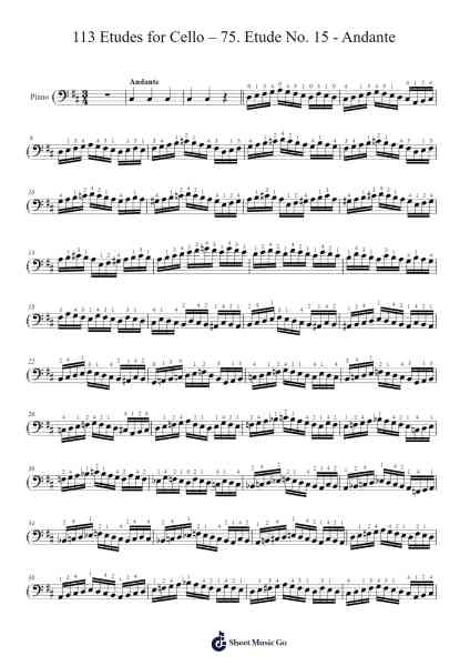 113 Etudes for Cello, Op. 120: No. 75 in D Major - Etude No. 15 Andante Sheet Music by Friedrich Dotzauer-Arr.Hunfrances Dunnfay