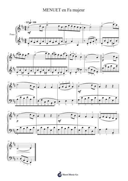 Menuet in F Major Sheet Music by Wolfgang Amadeus Mozart-Arr.Jonessibyl Midsopp