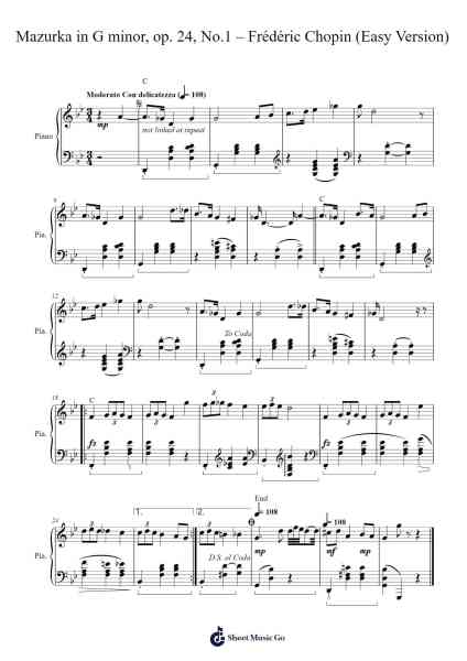 Mazurka in G Minor, Op. 24, No. 1 Sheet Music by Frédéric Chopin-Arr.Boyleva Efglan