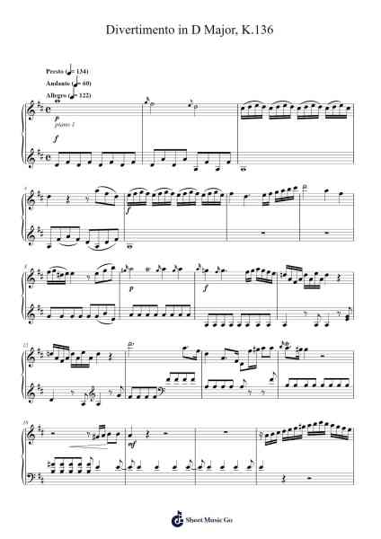Divertimento in D Major, K. 136 Sheet Music by Wolfgang Amadeus Mozart-Arr.Emton