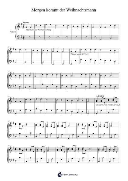 Morgen kommt der Weihnachtsmann Musica per pianoforte di Wolfgang Amadeus Mozart - Arr.Funkdrich Mansbing