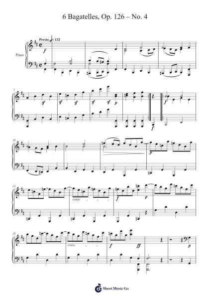 6 Bagatelles, Op. 126: No. 4 in B Minor Sheet Music by Ludwig van Beethoven-Arr.Narion