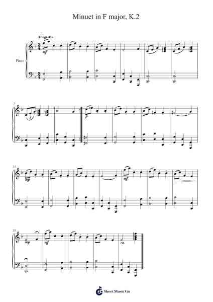 Minuet in F Major, K. 2 Sheet Music by Wolfgang Amadeus Mozart-Arr.Primeg