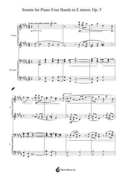 Sonata for Piano Four Hands in E Minor, Op. 5: II. Lento con molto rubato Sheet Music by ONG Ping Din-Arr.Larple