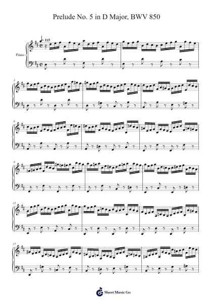 Prelude No. 5 in D Major, BWV 850 from The Well-Tempered Clavier, Book I Sheet Music by Johann Sebastian Bach-Arr.Gemten Churhy