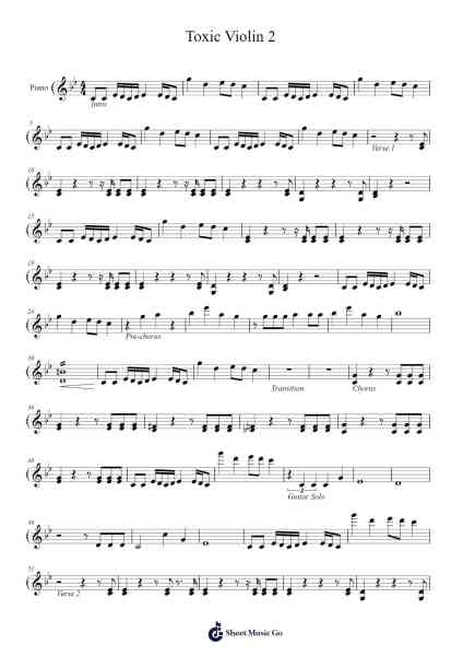 Toxic Violin 2 Sheet Music by Britney Spears-Arr.Lynstrong Derlard