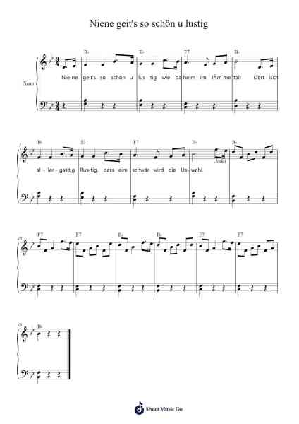 Niene geit's so schön u lustig Sheet Music by Swiss Traditional-Arr.Yulevieve