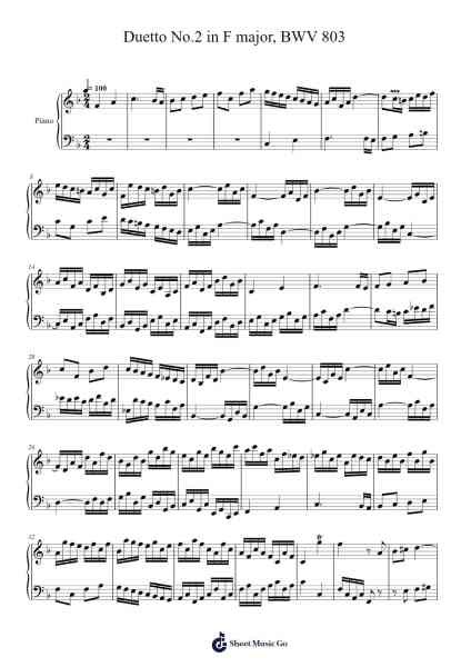 Duetto No. 2 in F Major, BWV 803 Sheet Music by Johann Sebastian Bach-Arr.Urvien Browntha