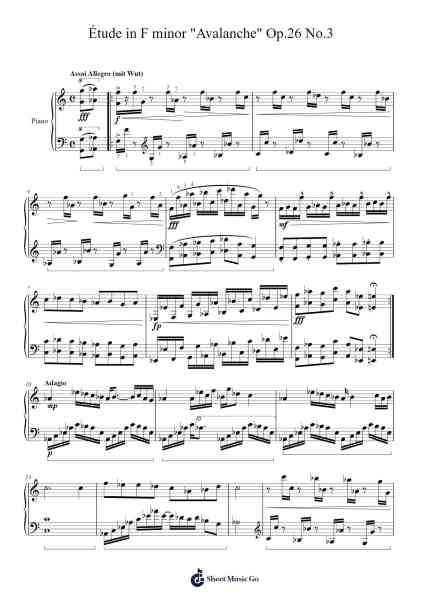 Étude in F Minor, Op. 26 No. 3 "Avalanche" Sheet Music by Genewat Duttret-Arr.Virwey Bloornid