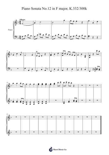 Piano Sonata No. 12 in F Major, K. 332: I. Allegro Sheet Music by Wolfgang Amadeus Mozart-Arr.Fieldtein