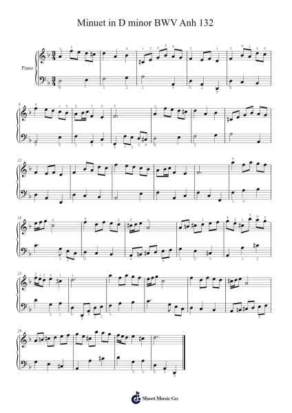 Minuet in D Minor, BWV Anh. 132 Sheet Music by Johann Sebastian Bach-Arr.Stilling