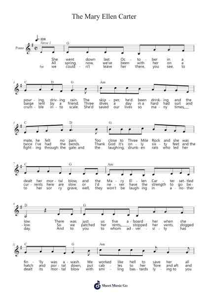 The Mary Ellen Carter Sheet Music by Stan Rogers-Arr.Bairdxy