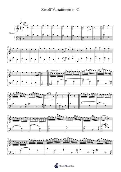 Zwolf Variationen in C Ноты для фортепиано от Wolfgang Amadeus Mozart-Arr.Beauyule