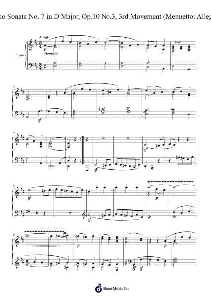 Piano Sonata No. 7 in D Major, Op.10 No.3, 3rd Movement (Menuetto: Allegro) Sheet Music by Ludwig van Beethoven-Arr.Popbraith Cookryl