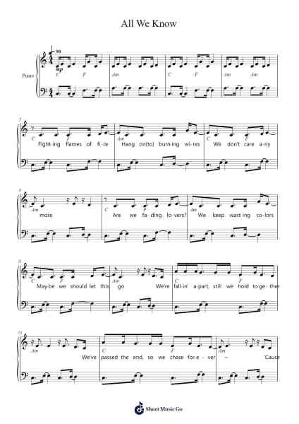 All We Know Sheet Music by The Chainsmokers-Arr.Bloorgrace Springa