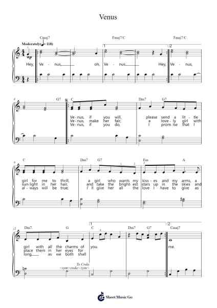 Venus Sheet Music by Frankie Avalon-Arr.Bardries Popelroy