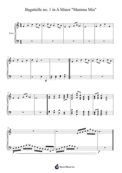 Bagattelle no. 1 in A Minor "Mamma Mia" Sheet Music by Harry Roberts-Arr.Greydre Keithburne