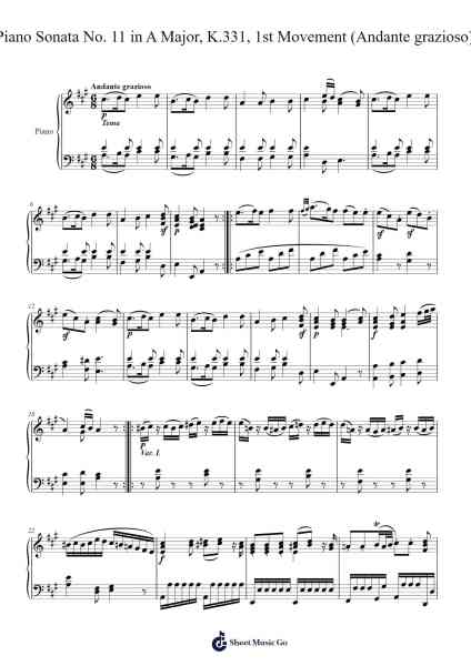 Piano Sonata No. 11 in A Major, K.331, 1st Movement (Andante grazioso) Sheet Music by Wolfgang Amadeus Mozart-Arr.Morsechi Billra