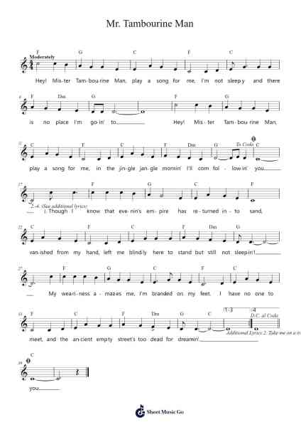 Mr. Tambourine Man Sheet Music by Bob Dylan-Arr.Hewgy Fowearl