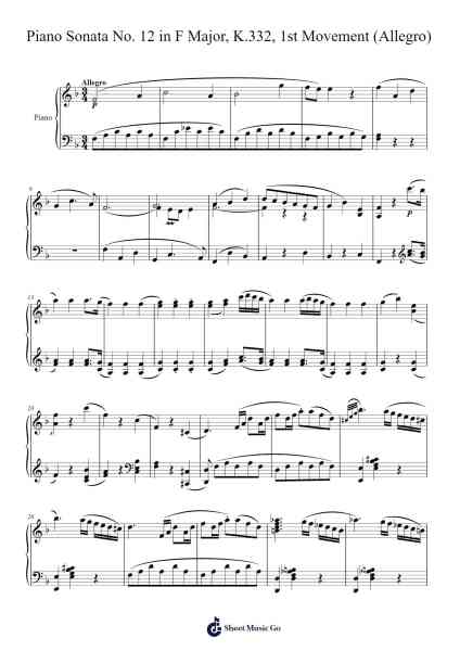 Piano Sonata No. 12 in F Major, K.332, 1st Movement (Allegro) Sheet Music by Wolfgang Amadeus Mozart-Arr.Kitfy
