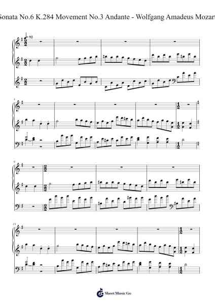 Piano Sonata No. 6 in D Major, K. 284: III. Andante Sheet Music by Wolfgang Amadeus Mozart-Arr.Fowcoln