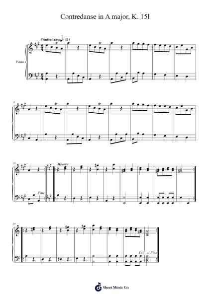 Contredanse in A Major, K. 15l Sheet Music by Wolfgang Amadeus Mozart-Arr.Hudcie Rhoclark