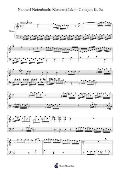 Klavierstück in C Major, K. 5a Sheet Music by Wolfgang Amadeus Mozart-Arr.Yvettenat Iveshall