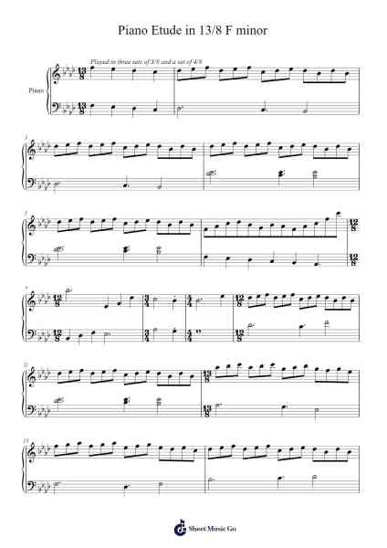 Piano Etude in 13/8 F minor Sheet Music by Noah Tornell-Arr.Hugill