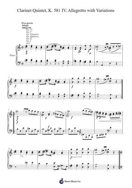 Clarinet Quintet in A Major, K. 581: IV. Allegretto with Variations Sheet Music by Wolfgang Amadeus Mozart-Arr.Blithehouse