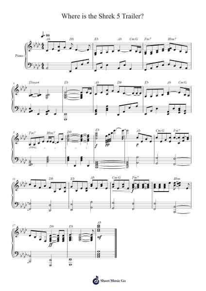 Where is the Shrek 5 Trailer? Sheet Music by Jacksfilms-Arr.Deanrid Learett